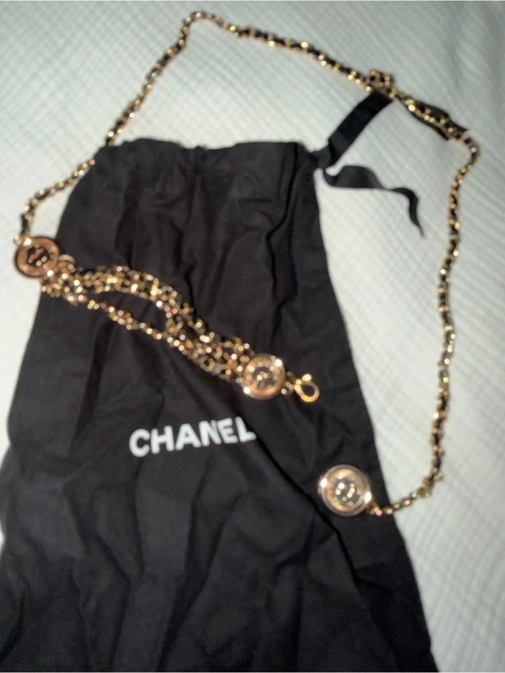 CHANEL Gold and Black Chain Crossbody Strap with Medallion Accents